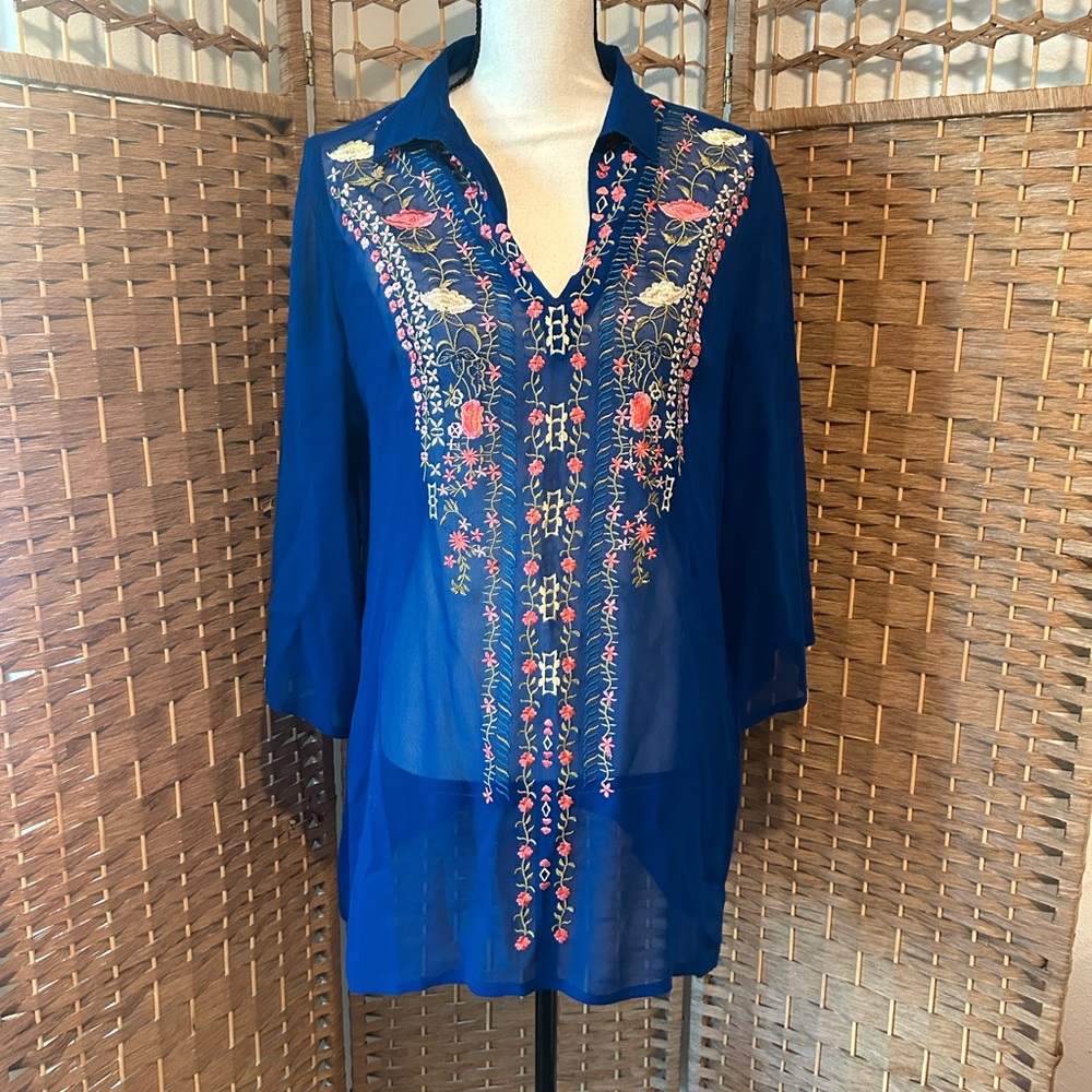 Soft Surroundings Embroidered Blue Sheer Women's Top